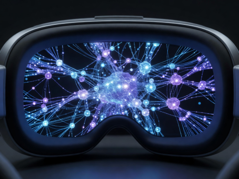 Engine visual rendering neural network nodes in virtual reality headset display