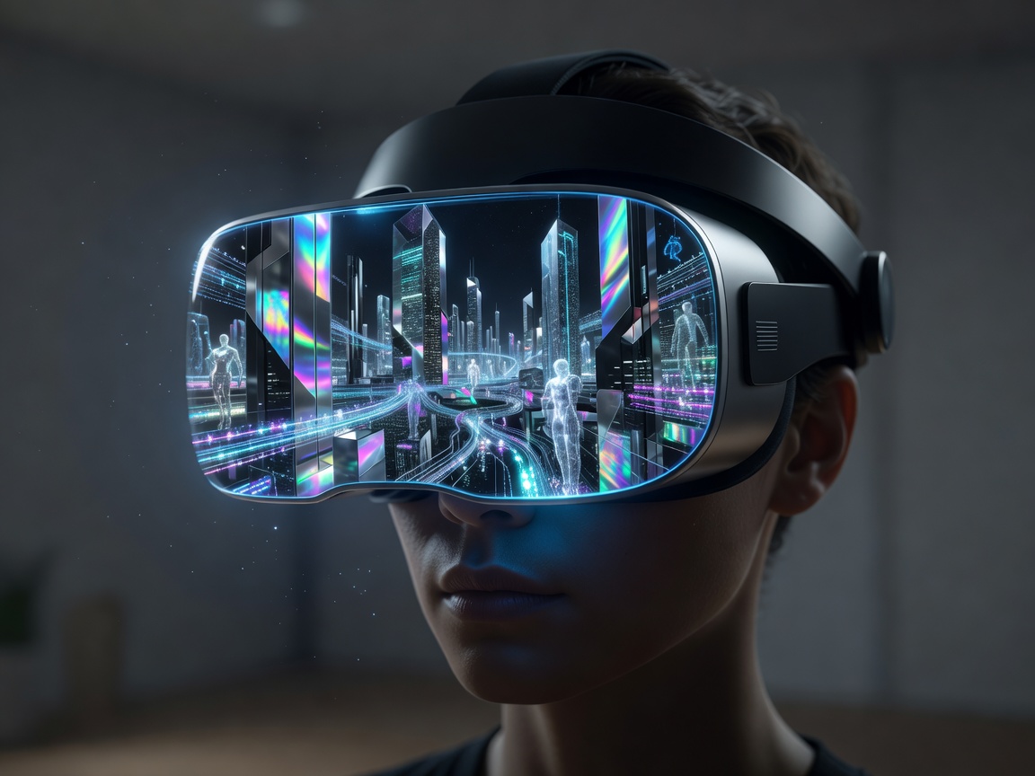 Virtual reality headset displaying futuristic cybernetic narrative environment